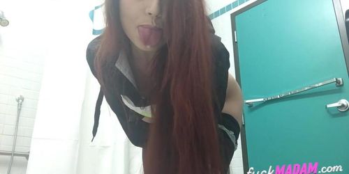 Big-Ass Schoolgirl's Strip Tease and Pussy Play in a Public Bathroom (amateur )