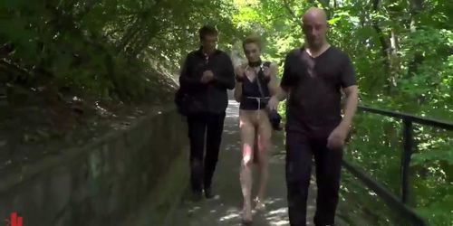 Blonde slave disgraced outdoors and group fucked in public