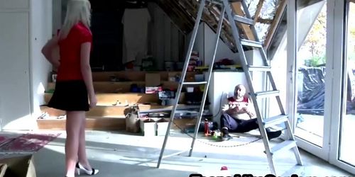 A very hot blonde teen with glasses sucks a dick of old construction worker