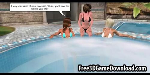 Three beautiful hentai 3d cartoon babes have fun outdoors by the pool