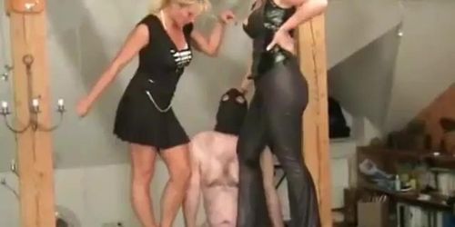 Pathetic submissive gets his balls crushed by two mistresses because of a useless cock