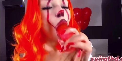 Pennywise girl cosplay blowjob a dildo
