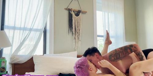 Lesbian tattooed queer licks and fingers GFs pussy at home
