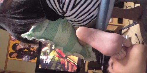 Girl playing video games boy slips her beautiful foot