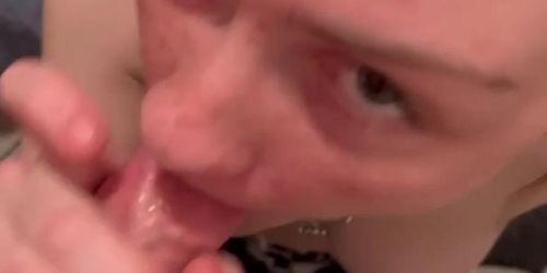 Adorable freckled 18 year old sucks the cum out of a guys cock