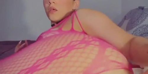 Latina in pink fishnet bodysuit trying anal