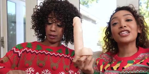 Black stepmother Misty Stone and stepdaughter Sarah Lace xmas 3some fun