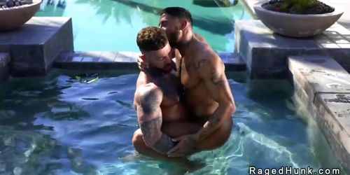 Tattooed muscle gays rim and anal fuck in the pool (FUCK POOL, Danny Starr)