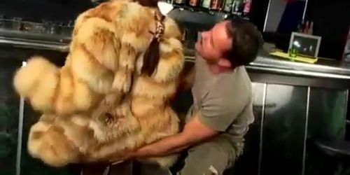 Fur coat girl sex in the bar