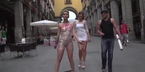 Naked slave wrapped in foil in public