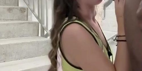 white slut giving head to Black king on the stairs outdoors (check description)