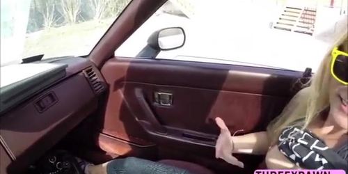 Skinny golden haired girl gives awesome head in the car and pounded hard in the shop