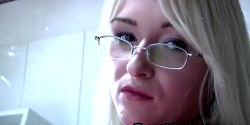 Blonde teen enjoys blowing old stud small dick