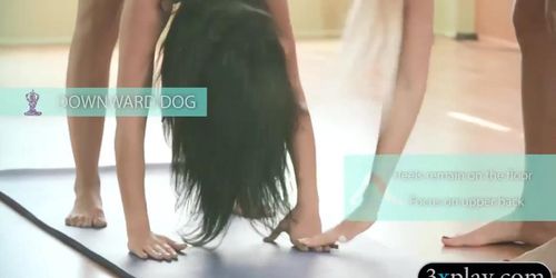 Big boobs trainer teaching new yoga techniques to two hotties