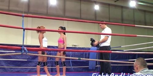 Dyke babes wrestling in boxing ring