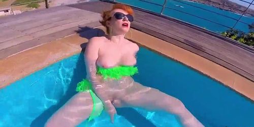 Horny redhead MILF fucks herself in the pool, until dick arrives!