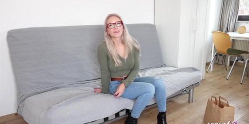 German Scout Vivi Vallentine: Blond Teen in Glasses and Stockings Has Public Casting Encounter and Intense Facial (Mark Aurel)