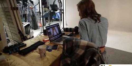 Skinny girl gets banged on photo shoot by big dick