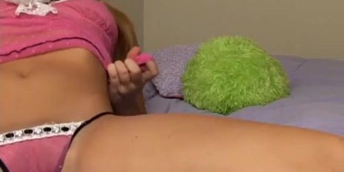 Sexy blonde bitch in panties rubbing her pussy