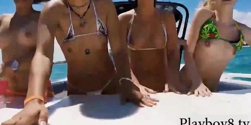 Horny teen girls sharing on a hard dick on speedboat