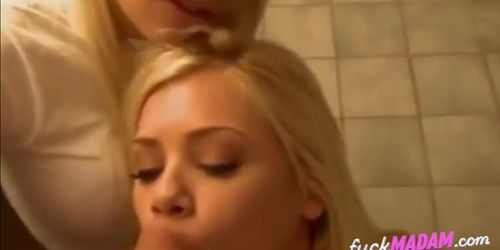 Two Cock Thirsty Amateurs in a Restroom Threesome (Hot Homemade)
