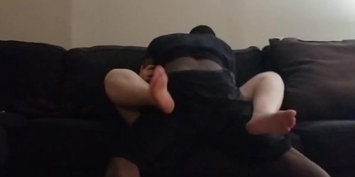 Amateur BBW Footjob and Interracial Quickie on Couch