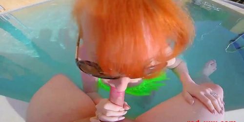 Sexy redhead mature RedXXX poolside blowjob porn (Red XXX)