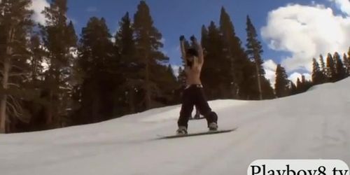 Badass girls snow boarding and shooting while they are naked