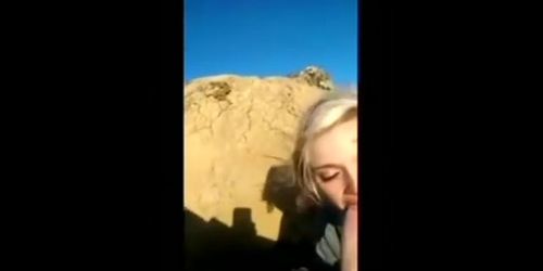 Blonde teen gives deepthroat blowjob to her bf outdoors.