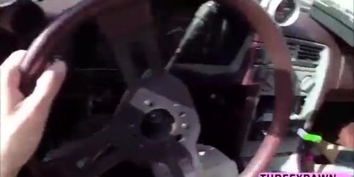 Blonde skinny babe enjoys blowing dick inside the car and gets pussy banged hard