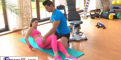 Gym instructor pulls down her sexy yoga pants and spears that tight pussy