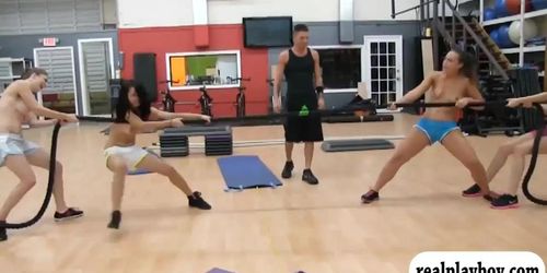 Teen girls give blowjob and fucked by nasty gym trainer