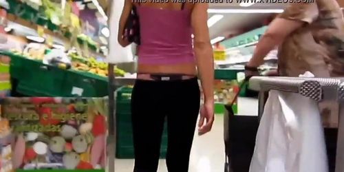 college girl with thong showing in grocery shop more at collegethongs.com
