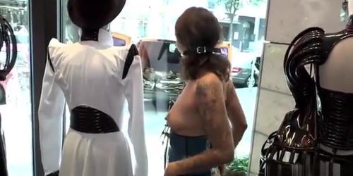 Small boobs slave fucked in public shop