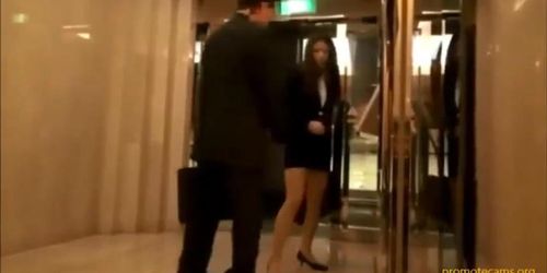 Hot office Chinese girl footjob boy in public place