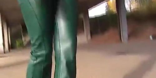 green leather pants blow job