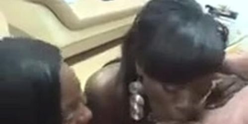 Bikini and Lingerie Black babes give Double Blowjob