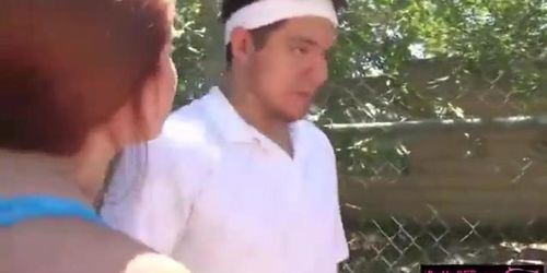 Redhead teen pounded by her tennis coach while her BFF watches