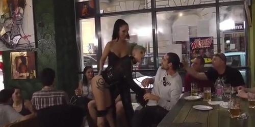 Hot slave gangbanged in public bar