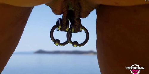 nippleringlover kinky mom double rings in extreme pierced nipples fingering pierced pussy and pissing at nude beach