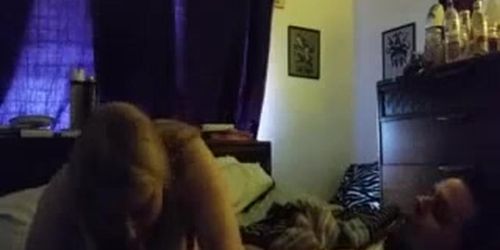 Horny fat blonde sucking and fucking her man in the bed