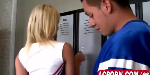 Naughty blonde cheerleader digging mate dick at the locker room