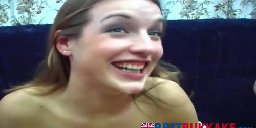 British brunette blowing throbbing cocks in bukkake