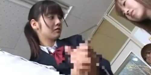 Japanese schoolgirls stop the time and give a boy handjob