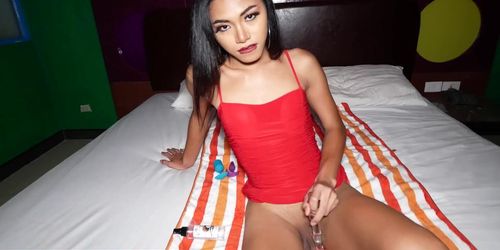 Pretty teen ladyboy shemale amateur POV blowjob and anal dick ride