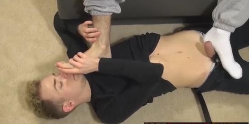 After licking his feet he lubes his ass and rides him rough