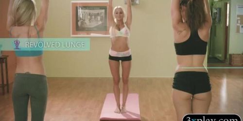 Curvy trainer and her two hot students yoga while naked