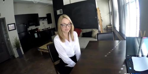 Blonde with creamy skin takes POV creampie at interview