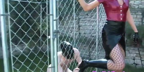 Femdom demands bootworship from caged sub