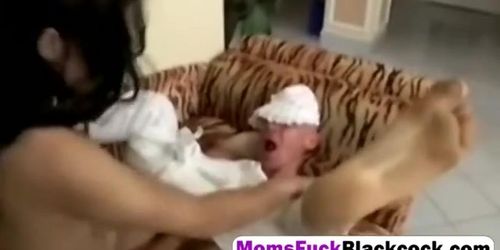 Busty milf bangs stud in diaper asshole with strap on